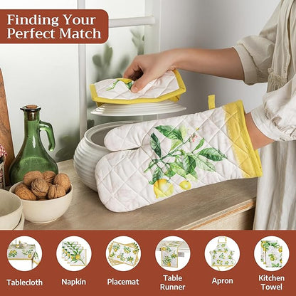 Maison d' Hermine Pot Holders 100% Cotton Heat Resistant Potholders 8" x 8" Hot Pads with Loop BBQ Cooking Baking Hotel Farmhouse Kitchen Handling Hot Pans Spring Summer (Pack of 2, Limoncello)