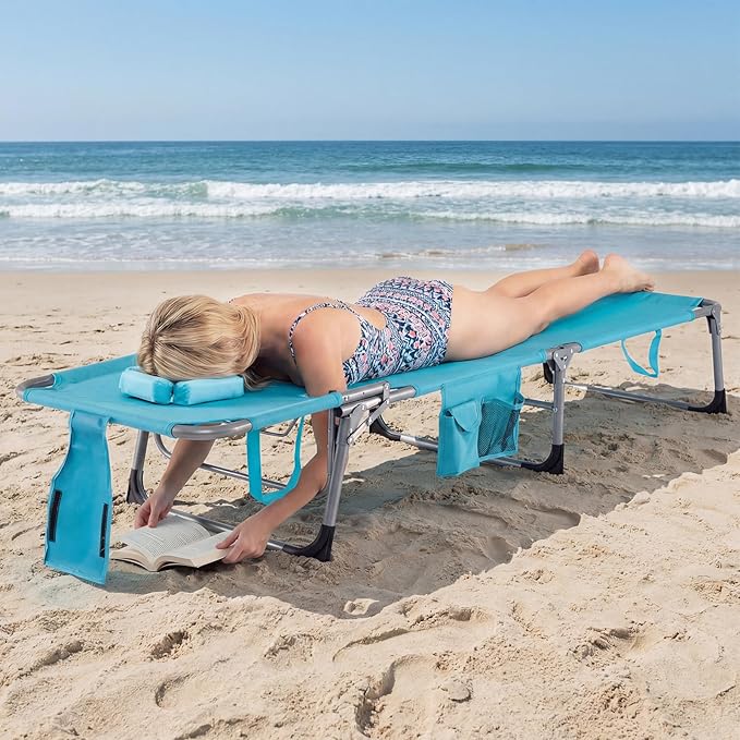 COSTWAY Tanning Chair with Face Hole, Folding Beach Lounge Chair with 4-Position Adjustable Backrest, Pillow & Side Pocket, Foldable Chaise Lounge Chair Outdoor for Sunbathing, Camping (2, Turquoise)