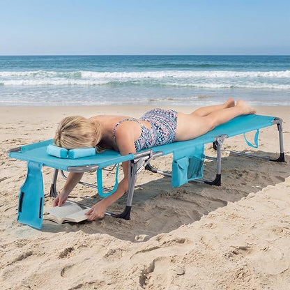COSTWAY Tanning Chair with Face Hole, Folding Beach Lounge Chair with 4-Position Adjustable Backrest, Pillow & Side Pocket, Foldable Chaise Lounge Chair Outdoor for Sunbathing, Camping (2, Turquoise)