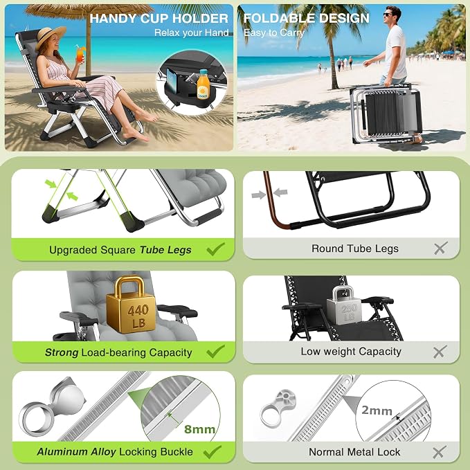 Suteck Zero Gravity Chairs Set of 2, Reclining Camping Chair with Cushion | Anti Gravity Recliner Lounge Chair with Aluminum Alloy Lock & Cup Holder, 90-170° Adjustable, for Lawn Patio Indoor