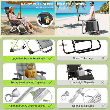 Suteck Zero Gravity Chairs Set of 2, Reclining Camping Chair with Cushion | Anti Gravity Recliner Lounge Chair with Aluminum Alloy Lock & Cup Holder, 90-170° Adjustable, for Lawn Patio Indoor