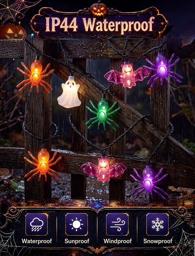 10LED Ghost Bat Spider String Lights, 8.5Ft Halloween Decorations Outdoor | End-to-end Connectable, Waterproof & UL Listed, Plug-in Fairy Lights for Home Window Halloween Party Decor, 2700K Warm White