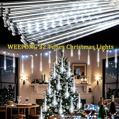 Weepong Christmas Lights Outdoor 32 Tubes 768 LEDs Meteor Shower Lights UL Certified Snow Falling Rain Drop Icicle String Light for Xmas Tree Christmas Decorations Outdoor Wedding Party Window,White