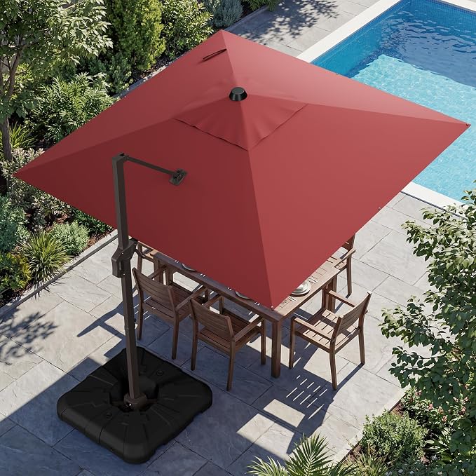 10x10FT Cantilever Outdoor Umbrella with Base, 360° Rotating Large Offset Square Patio Umbrella, Ideal for Garden Backyard Deck Courtyard, Red