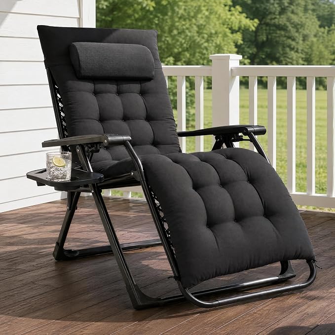 DUMOS Zero Gravity Chair, Lounge Chair Outdoor with Cup Holder Tray | Folding Reclining Chairs for Indoor, Outside, Beach, Camping and Patio, Black