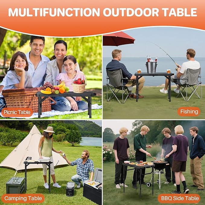 FUNYKICH 2ft Folding Camping Table 22.8''x15.7''x26.4'',3 Height Adjustable | Lightweight & Portable, Aluminum Small Outdoor Table with Carry Handle for Camping, Beach, Picnic, Black