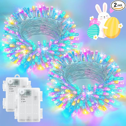Pastel Easter Lights String Battery Operated Total 100LED 33ft for Easter Decorations for Home Outdoor Indoor Waterproof with Timer for Party Decorations, Multicolor