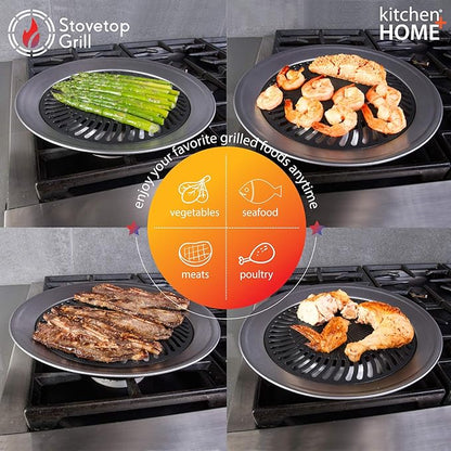Kitchen + Home Stove Top Smokeless Grill, Indoor/Outdoor BBQ Grill Pan with Double Coated Non-Stick Surface and Burner Liners