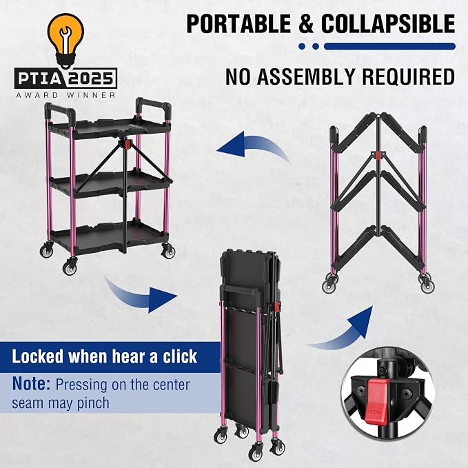 WORKPRO 3-Tier Collapsible Utility Cart, 210 LBS Cart with Wheels | No Assembly Required, Foldable Service Cart with Spacious Shelves for Garage, Warehouse, Office & Home Use, Black/Pink