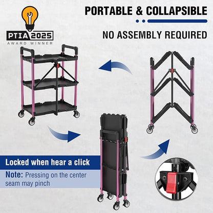 WORKPRO 3-Tier Collapsible Utility Cart, 210 LBS Cart with Wheels | No Assembly Required, Foldable Service Cart with Spacious Shelves for Garage, Warehouse, Office & Home Use, Black/Pink