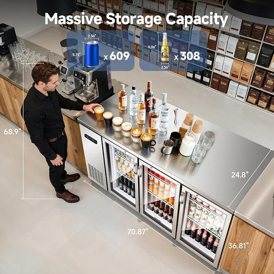 BODEGA BODEGACOOLER 20.5 Cu.Ft Commercial Back Bar Refrigerator, 3 Glass Door Beverage Cooler, Display Drink Fridge with LED & 6 Casters for Beer, Soda, Wine, SUS304 Stainless Steel Top