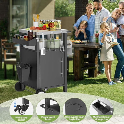 KEIKI Outdoor Grill Cart with Storage and Wheels, Rolling BBQ Prep Table with Spice Rack, Hooks, and Side Handles, Black Metal Bar Cart for Patio Kitchen and Grilling Accessories