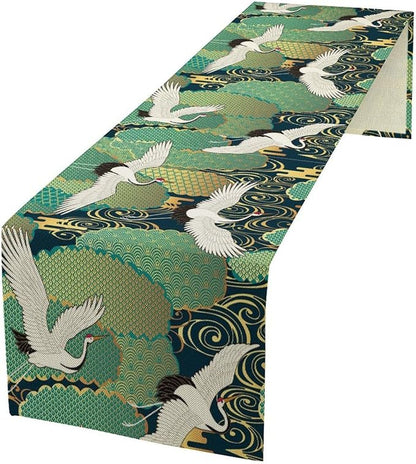 Asian Crane Table Runner Oriental Vintage Japanese Chinese Traditional Bird Clouds Dinner Runner for Farmhouse Kitchen Dinner Table Party Decor 13x70in