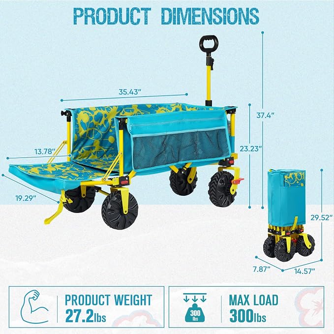 300lbs Extra Long 49" L Beach Wagon with Big Wheels with Brake for Sand, Collapsible Utility Beach Cart Heavy Duty Folding Wagon,Ideal for Outdoor Sand Camping Garden Pet