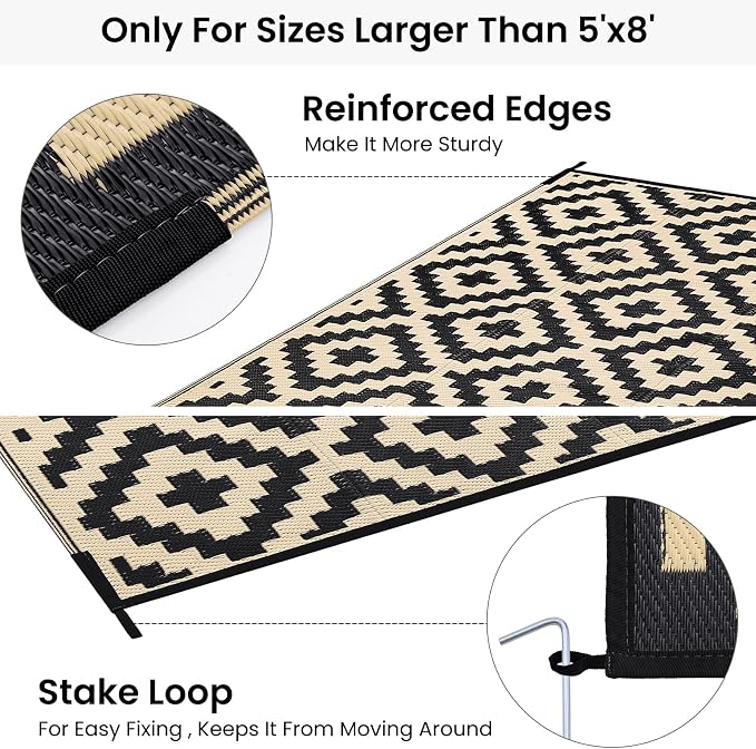 Smiry Outdoor Rug 10x14 ft Waterproof Reversible Boho Mat, Black & Beige | Polypropylene Plastic Straw, Quick Drying, Lightweight Foldable, for Patio, Deck, RV Camping, Backyard and Indoor Outdoor Use