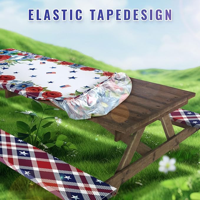 Cinrobiye 84 Inch Picnic Table Cover with Bench Covers, Fitted Elastic Waterproof Picnic Tablecloth with Bench Covers, Red White and Blue American Flag Table Cover for Camping, BBQ, Outdoor Parties