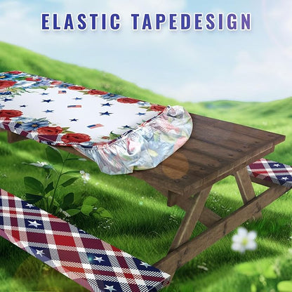 Cinrobiye 84 Inch Picnic Table Cover with Bench Covers, Fitted Elastic Waterproof Picnic Tablecloth with Bench Covers, Red White and Blue American Flag Table Cover for Camping, BBQ, Outdoor Parties