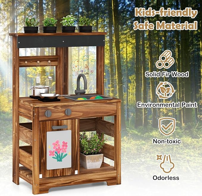 INFANS Mud Kitchen, Outdoor Play Kitchen with Drawing Board, 4 Cups, Removable Sink, Storage, Cooking Accessories, Wooden Kids Kitchen Playset Gift for Boys Girls Ages 3+