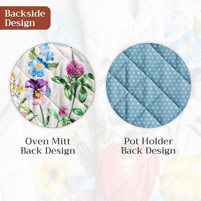 Maison d' Hermine 100% Cotton Oven Mitt & Pot Holder Set (7.5"x13" & 8"x8") Heat Resistant BBQ Cooking Gloves with Loop Baking Grilling Kitchen Hotel Home Farmhouse Spring Summer (Giverny)