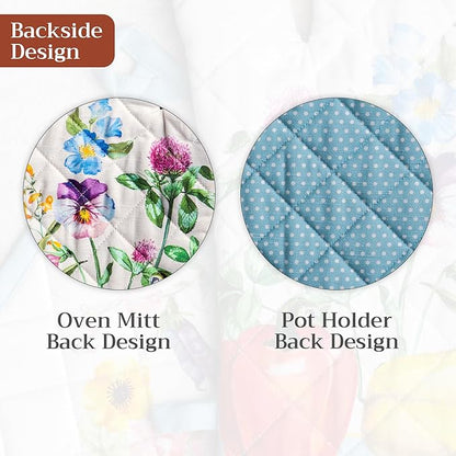 Maison d' Hermine 100% Cotton Oven Mitt & Pot Holder Set (7.5"x13" & 8"x8") Heat Resistant BBQ Cooking Gloves with Loop Baking Grilling Kitchen Hotel Home Farmhouse Spring Summer (Giverny)
