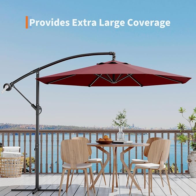 Garvee 10FT Offset Patio Umbrella with Cross Base, Burgundy | Cantilever Umbrella with Easy Lift & Tilt Adjustment, 8 Ribs Sun umbrella UV Protection for Backyard, Pool, Garden