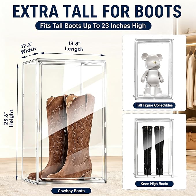 Boot Organizer for Extra Tall Boots, 23.6'' Stackable Acrylic Display Case | Clear magnetic door.Keep tall boots upright.Ideal for knee-high and riding boots,fashion boots,huge figures,tall collectible