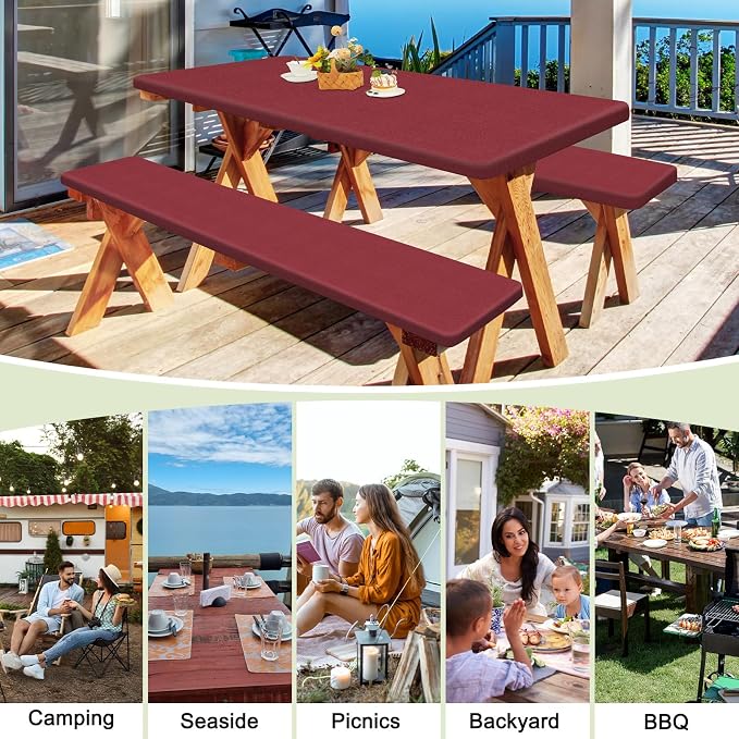 Picnic Table and Bench Cover Set, Waterproof Fitted Elastic Cloth | Portable Camping Essentials With Built-In Storage Pocket And Waterproof Fabric For Outdoor RV Or Picnic Table Use