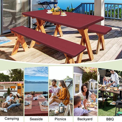 Picnic Table and Bench Cover Set, Waterproof Fitted Elastic Cloth | Portable Camping Essentials With Built-In Storage Pocket And Waterproof Fabric For Outdoor RV Or Picnic Table Use