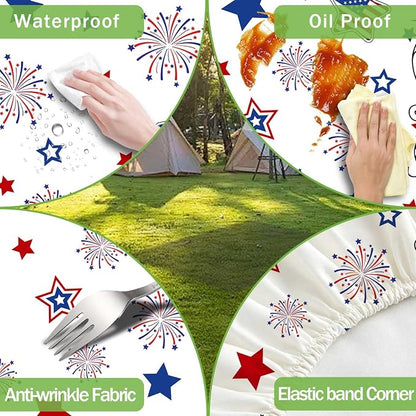 JAWO 4th of July Patriotic Star American Flag Picnic Table Cover with Bench Covers, Camper RV Essentials Gear Supplies Outdoor Waterproof Windproof Tablecloth with Elastic, 30X60in
