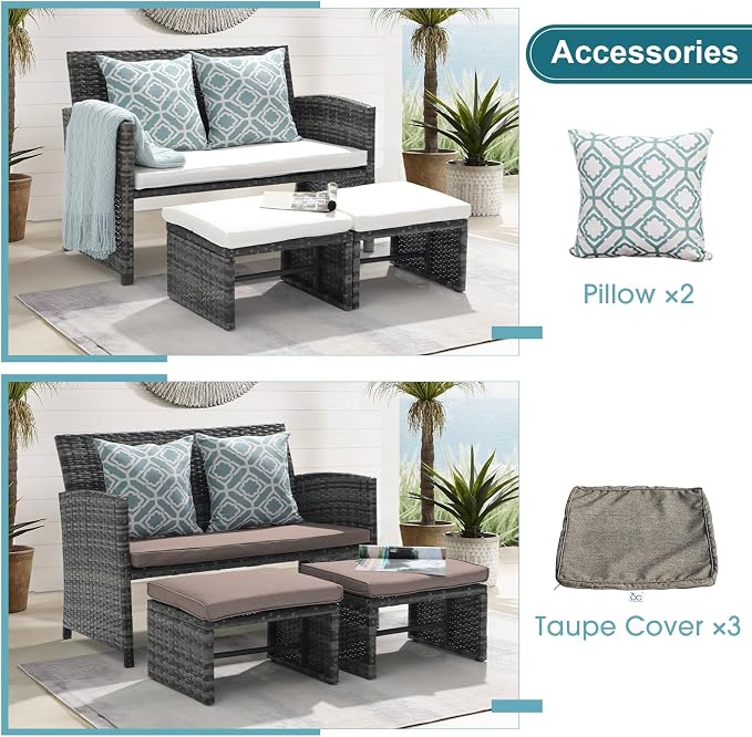 OC Orange-Casual Patio Furniture Set,3 Pieces Outdoor Wicker Conversation Loveseat with Ottomans for Porch, Gray Rattan White Cushions