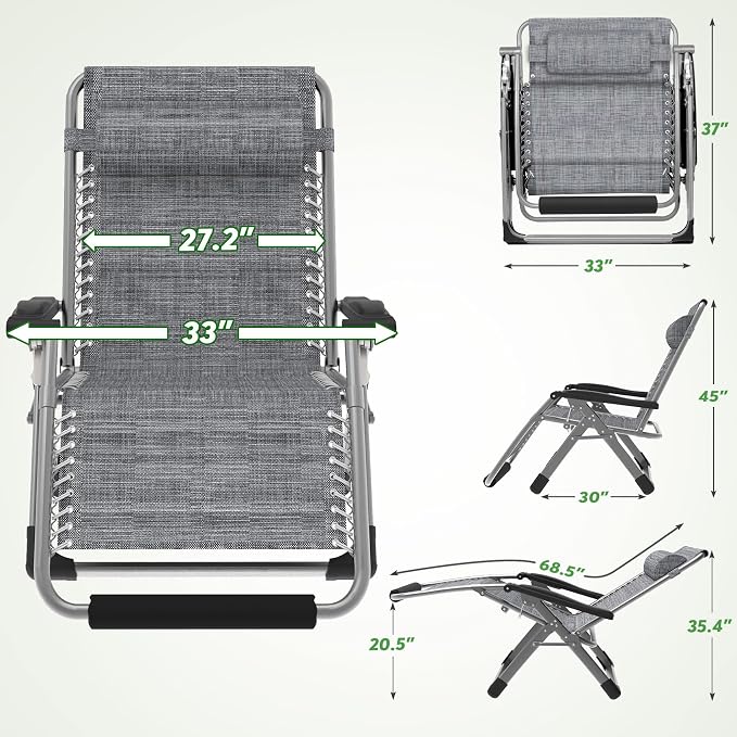 ZENPETIO Oversized Zero Gravity Chair, 33In XXL 500LBS with Cushion | Anti Gravity Recliner Lounge Chair with Aluminum Alloy Lock & Footrest, 90-170° Adjustable, for Lawn Patio Indoor Outdoor