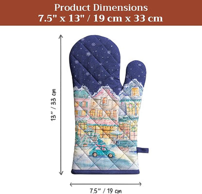 Maison d'Hermine Oven Gloves 100% Cotton Oven Mitt (7" x 13", Pack of 1) | With Loop Heat Resistant BBQ Cooking Gloves Baking Kitchen Handling Hot Pans Thanksgiving Christmas - Christmas Market - Blue