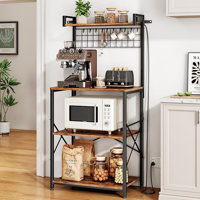 SNTD Bakers Rack with Power Outlet, Microwave Stand, Rustic Brown, 23.5" W | Coffee Stand, 4 Tiers Kitchen Storage Shelves, Wire Grid Panel, 10 Hooks, Metal Frame, Triple X-Shaped Reinforcement