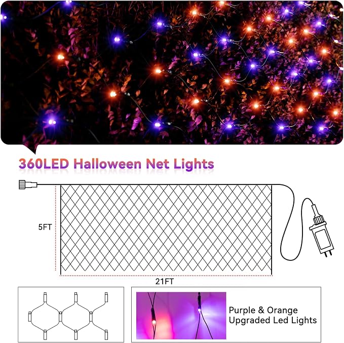 LitHome 21FT x 5FT Halloween Net Lights Outdoor Connectable, 360 LED | Purple Orange Bush Lights with 8 Modes, Waterproof Net Mesh Light Dark Green Wire for Bushes Shrubs Trees Holiday Decor