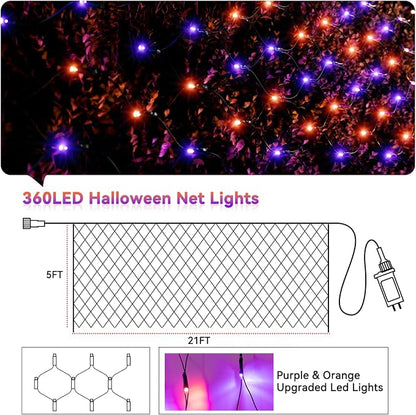 LitHome 21FT x 5FT Halloween Net Lights Outdoor Connectable, 360 LED | Purple Orange Bush Lights with 8 Modes, Waterproof Net Mesh Light Dark Green Wire for Bushes Shrubs Trees Holiday Decor