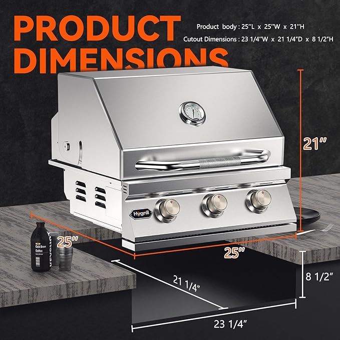 Hygrill STD Series Heavy Duty 3-Burner Built In Grill, Stainless Steel Grill Head for Outdoor Kitchen, Liquid Propane