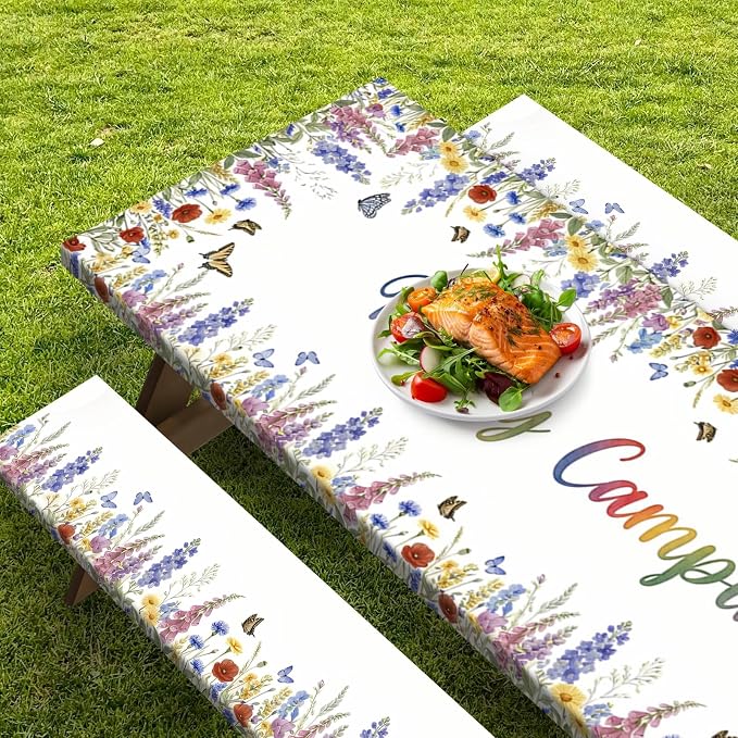 Picnic Table Cover with Bench Covers, Butterfly Camper, 72 Inch | 3PCS Waterproof Fitted Tablecloth with Elastic Edges Outdoor Camping Essentials Drawstring Bag