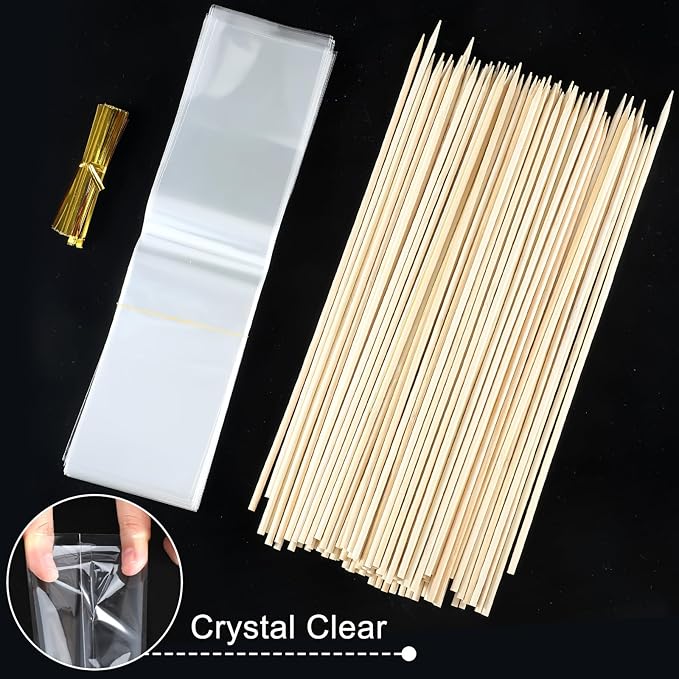 Yexiya Candy Kabob Bags with Sticks100 Cellophane Treat Bags with Twist Ties and 100 Natural Bamboo Skewers 3 x 11 Inches Clear Rod Bag for Packaging Marshmallow Pretzel Treat Candies