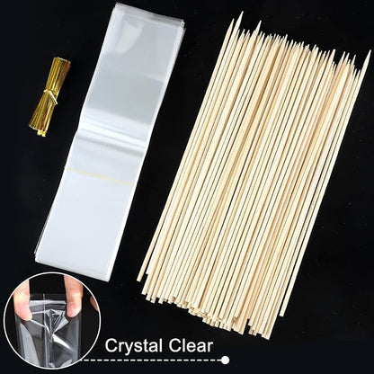 Yexiya Candy Kabob Bags with Sticks100 Cellophane Treat Bags with Twist Ties and 100 Natural Bamboo Skewers 3 x 11 Inches Clear Rod Bag for Packaging Marshmallow Pretzel Treat Candies