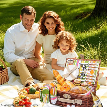 Wicker Picnic Basket Set for 4, Blanket, Cooler Bag, Rainbow Stripe | Four-Person Wicker Set Includes Tableware, Insulated Food Storage and Waterproof Blanket for Parks, Camping, Dates and Gifts