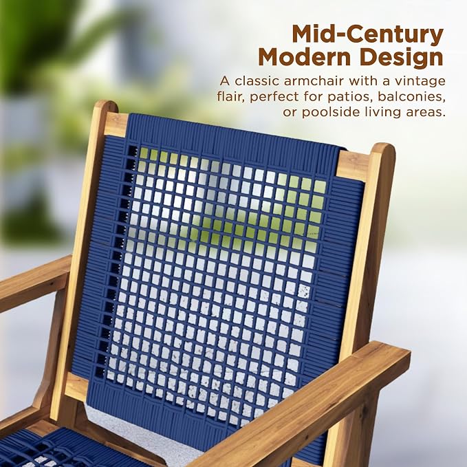 Vega Acacia Wood Outdoor Reclining Chair, Navy Blue Web Seat | 63634 Mid Century Woven Web Seat, Weather Resistant Natural Stain Finish, Lounge Armchair for Patio, Deck, Garden, Lawn