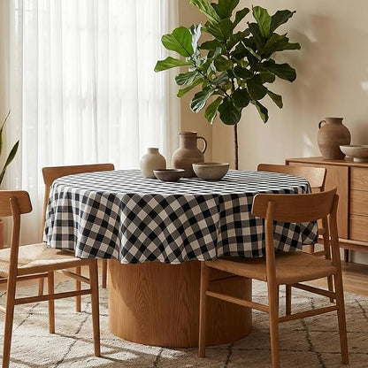 Waterproof Gingham Tablecloth, Checkered Fabric Table Cover for Kitchen Dining, Black & White Plaid Table Cloth, Rectangle Table Cloth for Indoor Outdoor Use, 60" Round