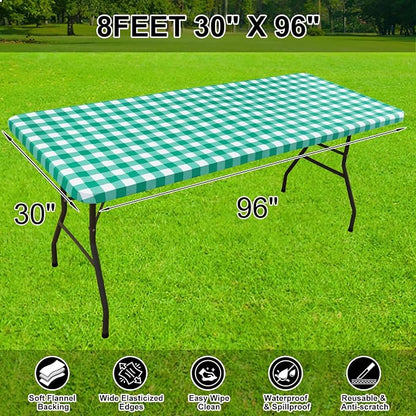 Smiry Rectangle Picnic Table Cloth, Elastic Waterproof Fitted Vinyl Tablecloths, Flannel Backed Buffalo Plaid Table Covers for Dining, Camping, Outdoor (White and Green, 30" x 96")