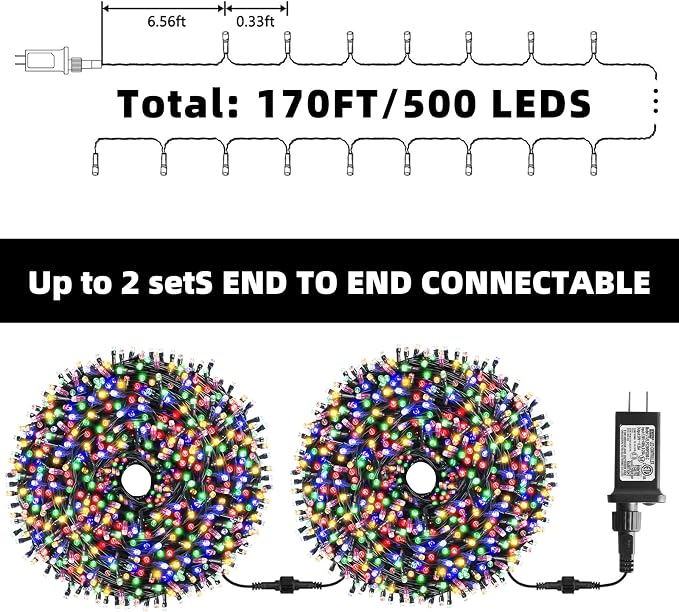 Christmas String Lights 170FT 500 LED, End-to-End Plug 8 Modes | Memory Function with Timer - UL Certified - Outdoor Indoor Fairy Christmas Lights for Tree, Garden, Holiday (Multicolor)