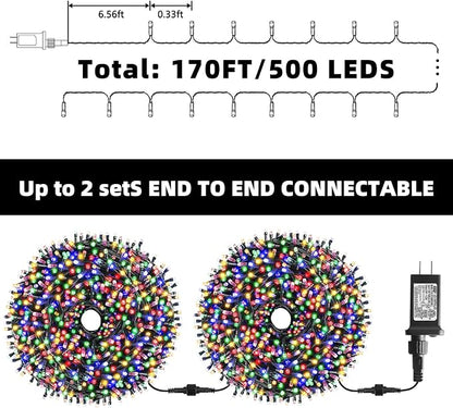 Christmas String Lights 170FT 500 LED, End-to-End Plug 8 Modes | Memory Function with Timer - UL Certified - Outdoor Indoor Fairy Christmas Lights for Tree, Garden, Holiday (Multicolor)