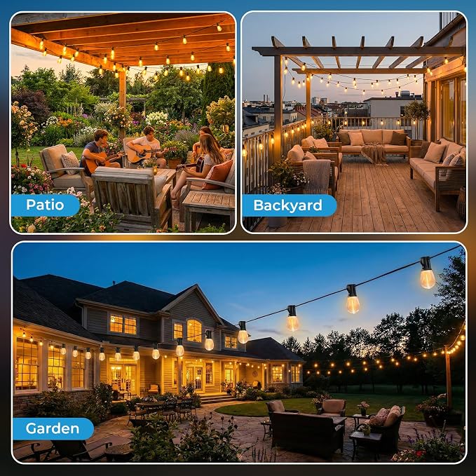GvvooHome 200FT S11 LED Outdoor String Lights with App & Remote, Low-Voltage Patio Lights with Music Sync, 4 Lighting Modes, Dimmable, Waterproof LED Outdoor Lights for Backyard, Porch, Deck, Garden