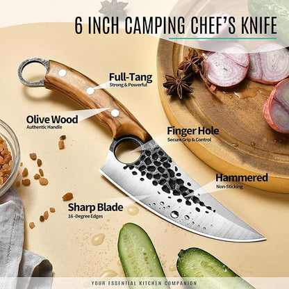 STARFISH Kitchen Knife, 6.0” Full Tang Chef Knife with Leather Sheath 440C Steel blade for Home Cooking. Olive Wooden Handle Japanese Style Forged Viking knives for Camping, BBQ, Gift for Men