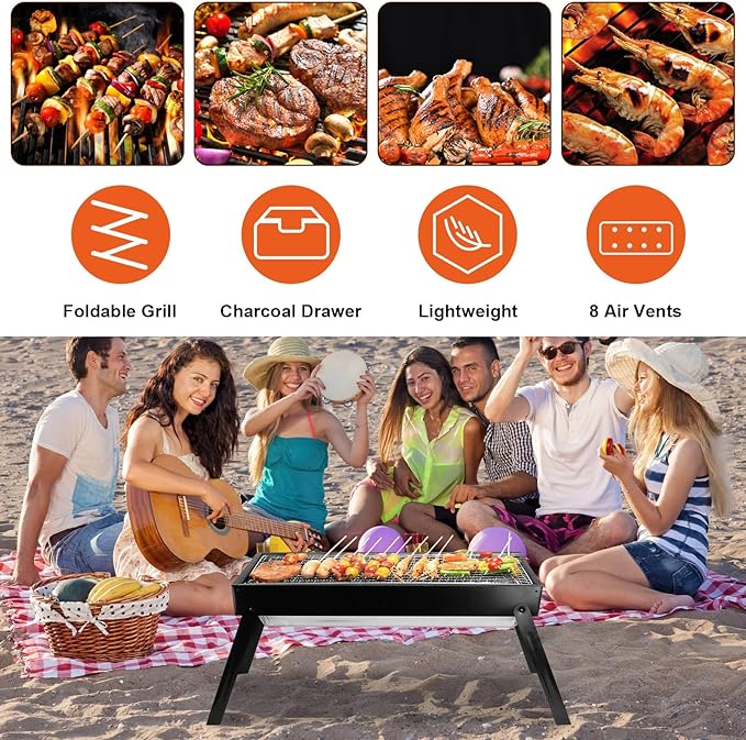 Foldable Charcoal BBQ Grill, 21.8x8.8x12in Portable Grill Charcoal with Side Table, Stainless Steel BBQ Grill, Easy Setup Tabletop Barbecue Grill for Camping Picnic Outdoor Party Backyard Travel