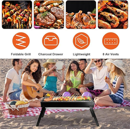 Foldable Charcoal BBQ Grill, 21.8x8.8x12in Portable Grill Charcoal with Side Table, Stainless Steel BBQ Grill, Easy Setup Tabletop Barbecue Grill for Camping Picnic Outdoor Party Backyard Travel