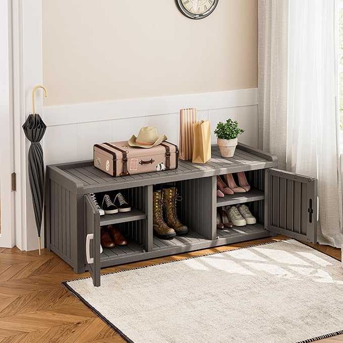 Bifanuo Shoe Storage Cabinet, 2-Door Outdoor Storage Bench with Adjustable Shelves, Waterproof UV-Resistant for Hallway, Living Room, Entryway, Large Capacity Modern Organizer (Grey)